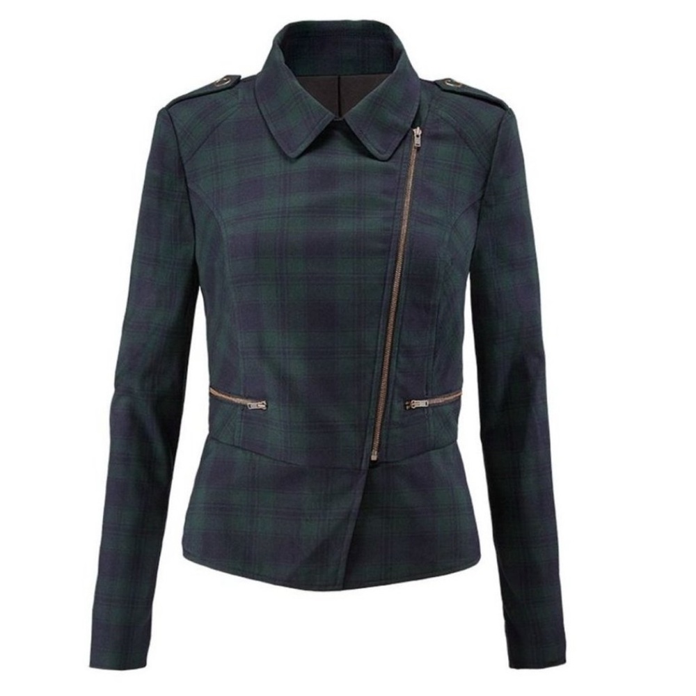 CAbi #3181 Green & Navy Blue Tartan Plaid Zip Front Moto Jacket Size 10